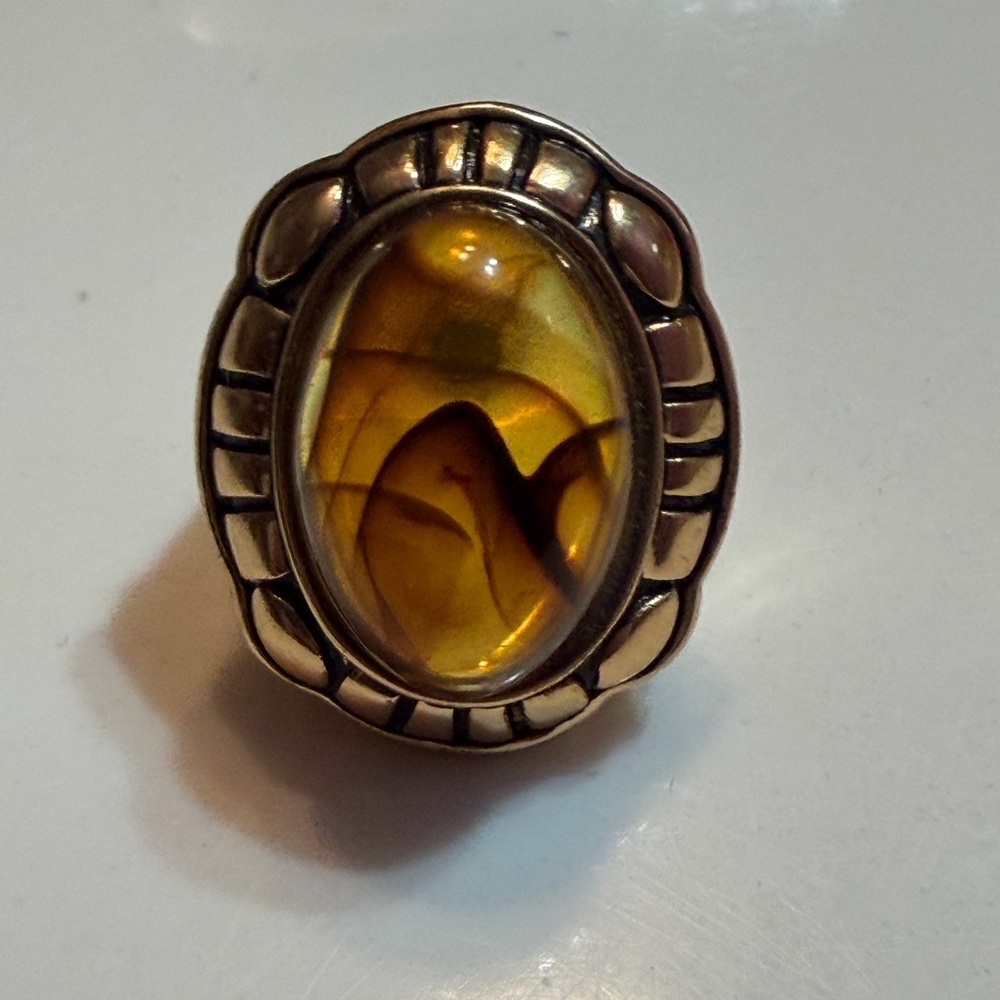 New Bronze Silver Natural Gold Amber  Ring